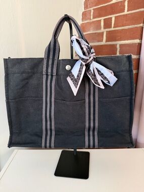 Authentic Hermes Canvas Tote Bag in Dark Gray with Striped Handles